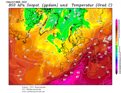 Reanalyzy CFSR 19.08.1986 00 UTC Teplota a Geopotencial 850 hPa