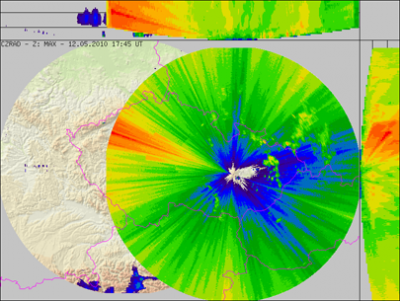 Radarový snímek z 12. 5. 2010, 17:45 UTC. (Data © 2010 ČHMÚ)