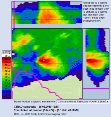 CAPPI data z radaru Skalky. 25. 5. 2010 15:15 UTC, poloha křížku značí obec Blahová. <br />Data: (c) 2010 - ČHMÚ