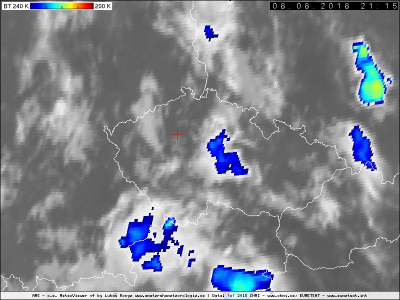 Snímek z družice MSG v produktu IR-BT zobrazující MCS nad zmiňovanou oblastí. © Český hydrometeorologický ústav, EUMETSAT