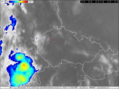 Snímek z družice MSG v produktu IR-BT zobrazující bouřkový systém nad zmiňovanou oblastí. © Český hydrometeorologický ústav, EUMETSAT