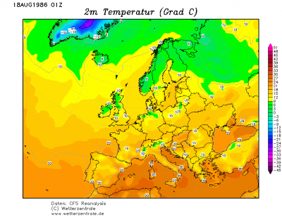 Reanalyzy CFSR 18.08.1986 00 UTC Teplota ve 2m