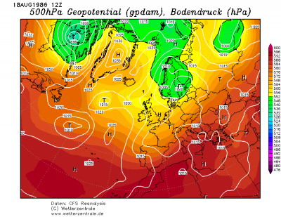 18.08.1986 12 UTC Prizemni tlak a Geopotencial 500 hPa