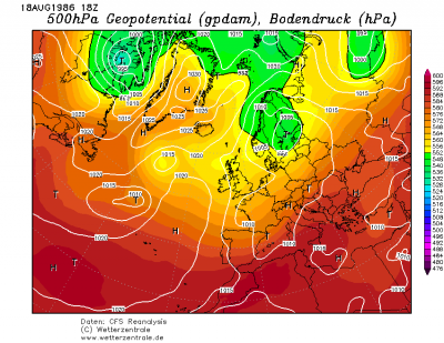 18.08.1986 18 UTC Prizemni tlak a Geopotencial 500 hPa